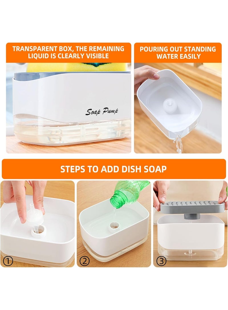 KITCHENOO Sink Organiser Set, Washing Up Liquid Dispenser with Tray and Sponge Holder, Detergent, Refillable, Suitable for Kitchen Sink (White) - Image 4