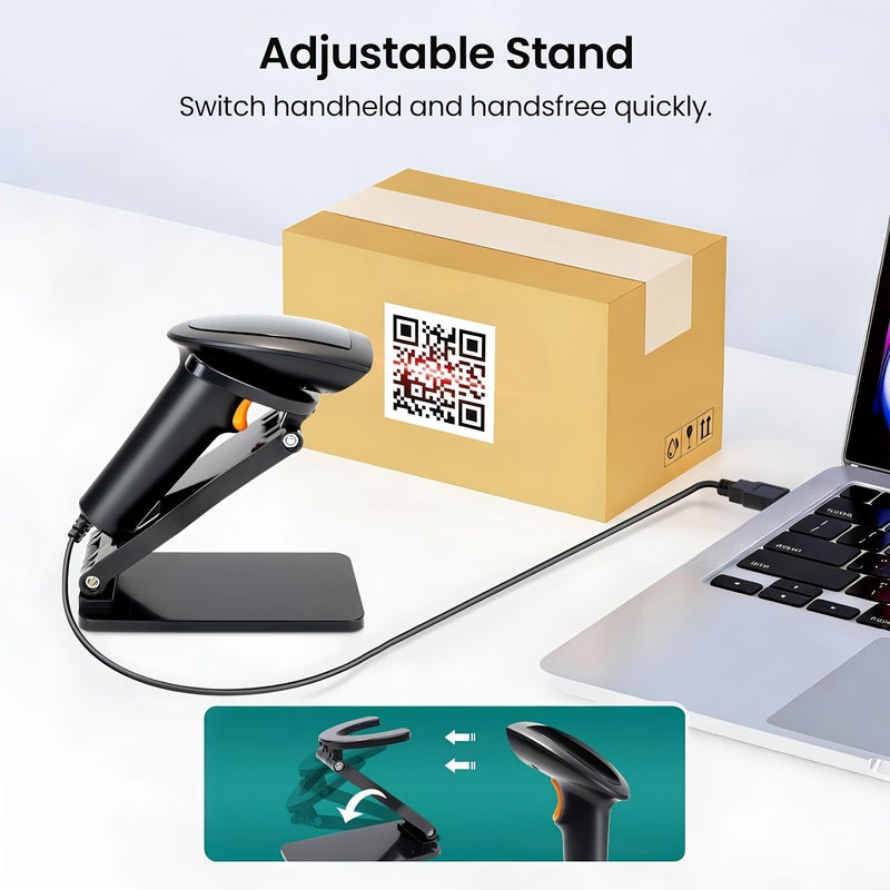 Handheld Wired Usb 2d Barcode Scanner 1d/2d/Qr Compatible With Supermarket Warehouse Retail Store And Logistics Industry With Black orange+Bracket - Image 2