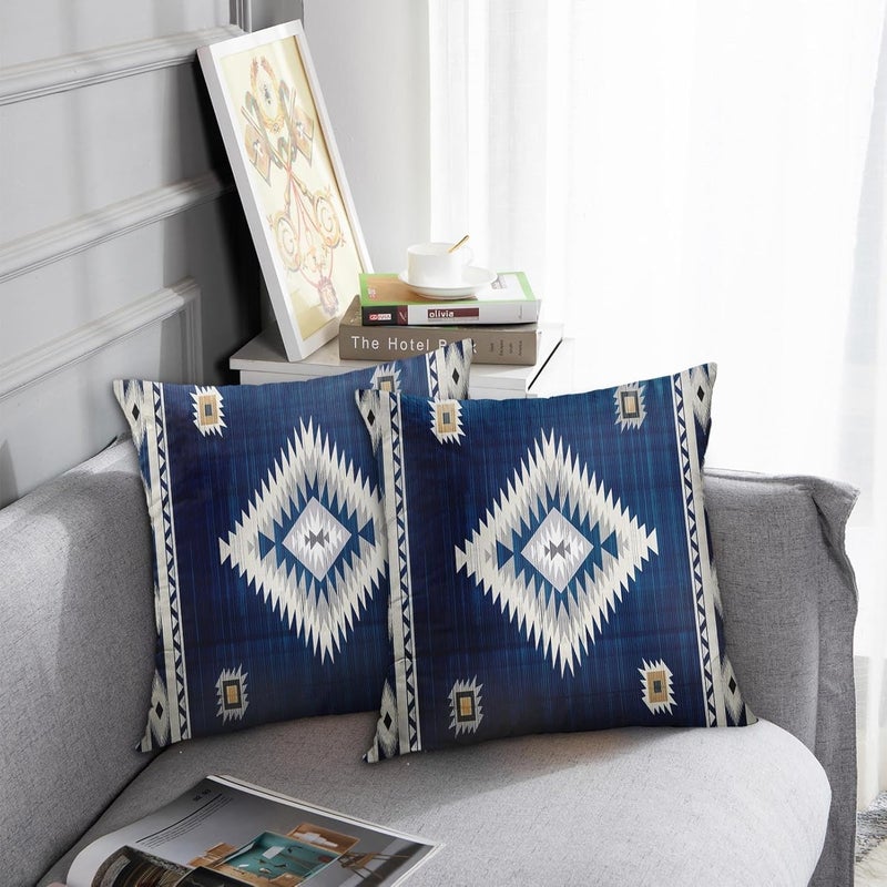 Britimes Throw Pillow Covers, Aztec Home Art Decor, 18 x 18 Inches Set of 2 Cushion Couch Sofa Cases, Navy Blue Tribal Western Pillowcases for Bedroom, Geometric Living Room Decorative - Image 2