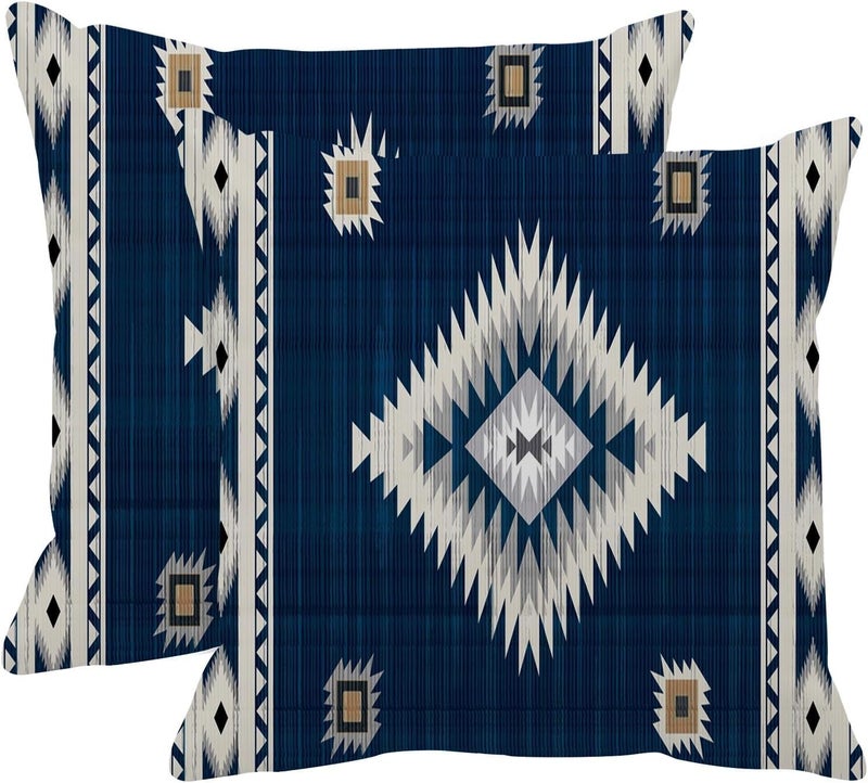 Britimes Throw Pillow Covers, Aztec Home Art Decor, 18 x 18 Inches Set of 2 Cushion Couch Sofa Cases, Navy Blue Tribal Western Pillowcases for Bedroom, Geometric Living Room Decorative - Image 1