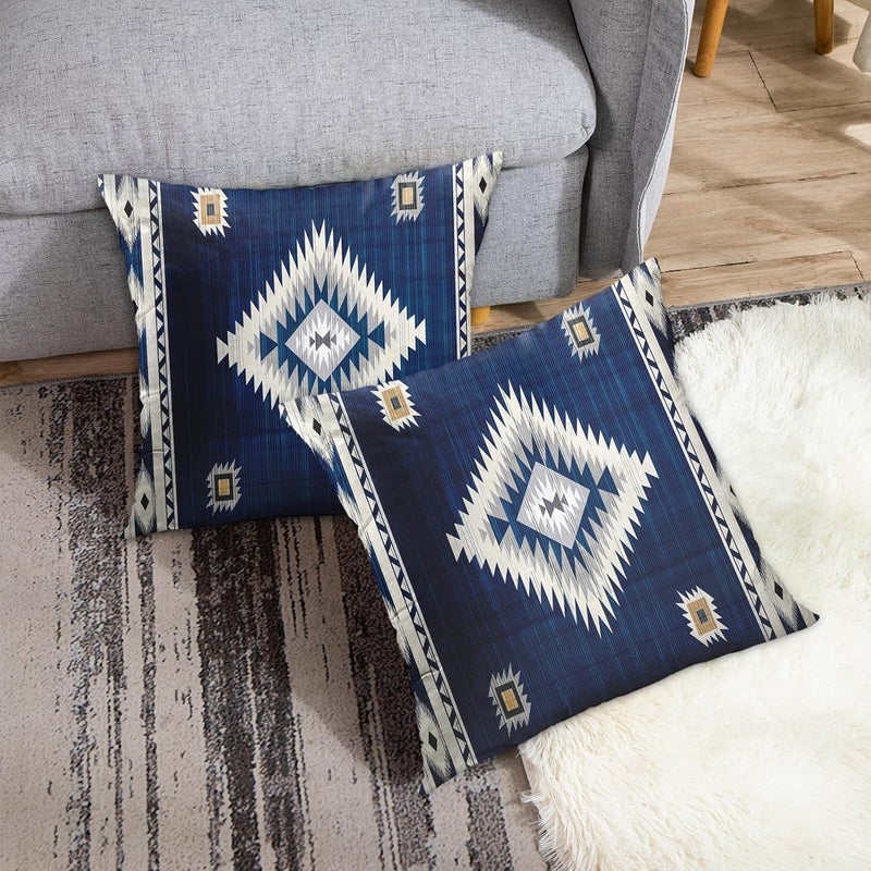 Britimes Throw Pillow Covers, Aztec Home Art Decor, 18 x 18 Inches Set of 2 Cushion Couch Sofa Cases, Navy Blue Tribal Western Pillowcases for Bedroom, Geometric Living Room Decorative - Image 3
