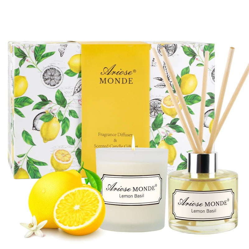 ArioseMonde Reed Diffuser  Scented Candle Gift Set Lemon Basil Oil Diffuser Sticks Fragrance Diffuser  Soy Wax Candles in Glass Jar Natural Soy Candles Gifts for Home Decor
