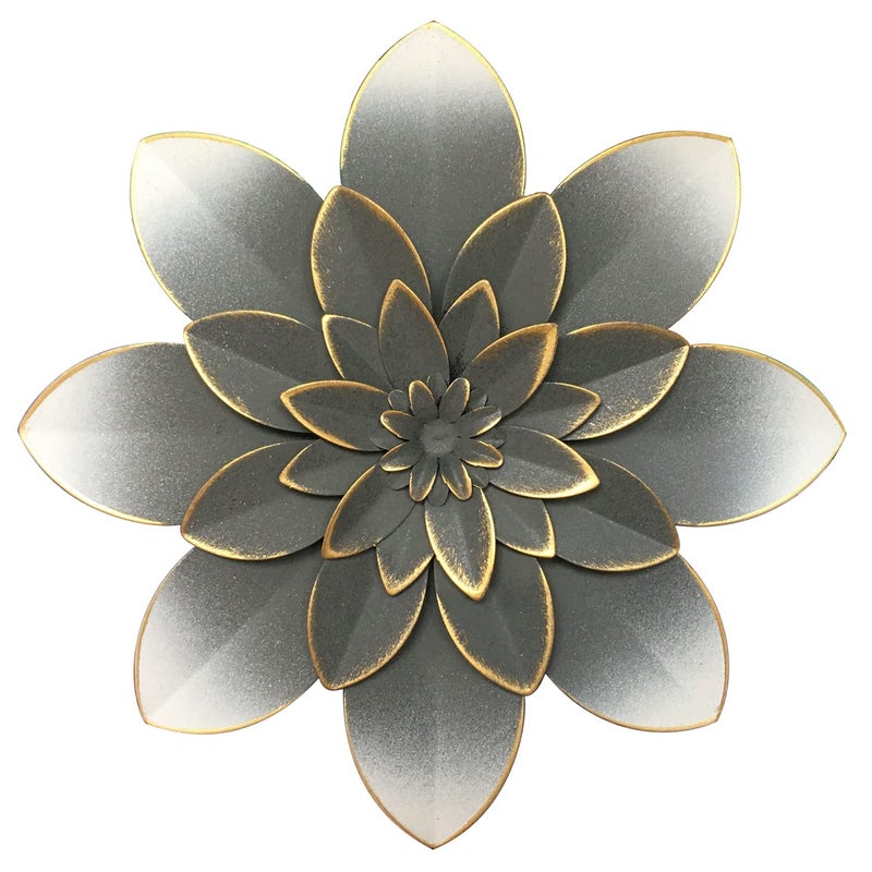 Picfarce Grey Metal Flower Wall Art Decor, 9.5â€œ Rustic Modern Floral Sculpture, Distressed Iron Wall Hanging Home Decoration Accent Artworks for Indoor Kitchen Bedroom Living Room Office Outdoor Garden Patio - Image 1