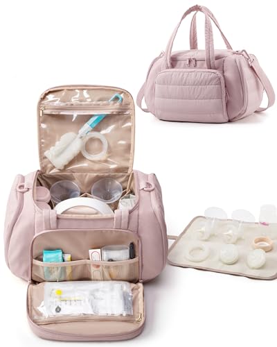 Marscamd Quilted Breast Pump Bag Compatible with Spectra S1 and S2 Pumping Bag with Cooler Compartment and a Drying Mat Pink - Image 1