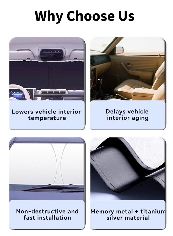 مظلة شمسية قابلة للطي للزجاج الأمامي للسيارة مع حقيبة تخزين، مظلة شمسية عاكسة للزجاج الأمامي، مظلة شمسية لنافذة السيارة لحماية من حرارة الشمس وحجب الأشعة فوق البنفسجية، تحافظ على برودة السيارة، لون فضي تيتانيوم - Image 5
