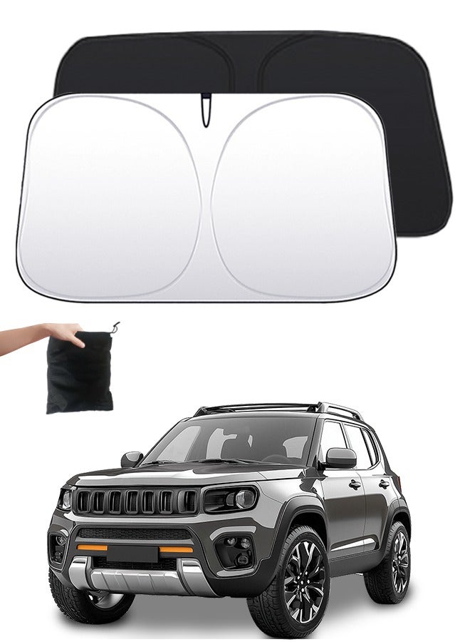 مظلة شمسية قابلة للطي للزجاج الأمامي للسيارة مع حقيبة تخزين، مظلة شمسية عاكسة للزجاج الأمامي، مظلة شمسية لنافذة السيارة لحماية من حرارة الشمس وحجب الأشعة فوق البنفسجية، تحافظ على برودة السيارة، لون فضي تيتانيوم - Image 1