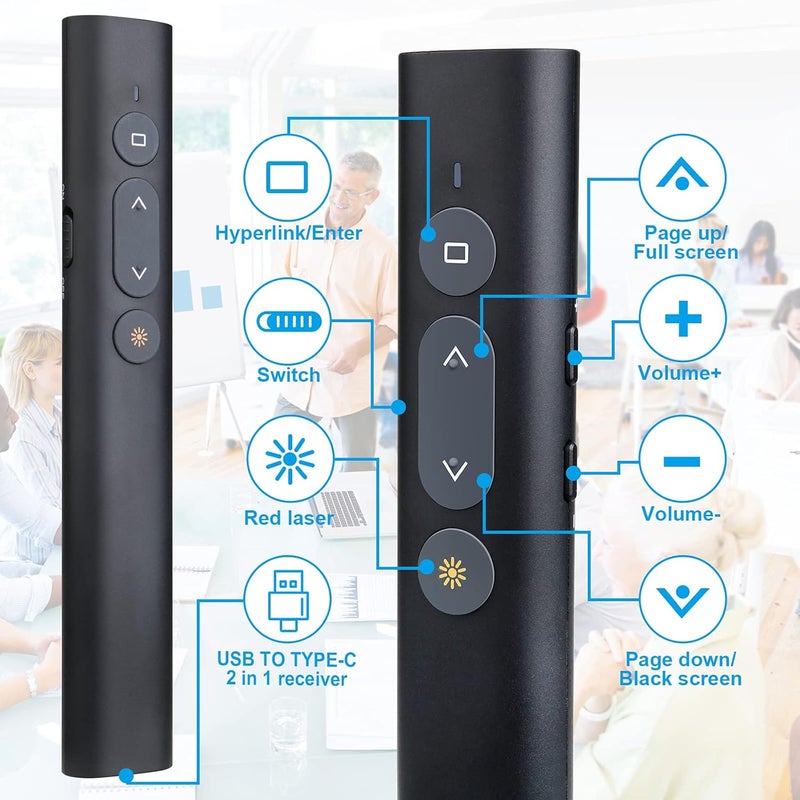 UBUYONE جهاز تحكم في العروض وأجهزة التحكم عن بعد للعروض، مؤشر ثنائي في واحد من نوع C/USB A، جهاز تحكم في PowerPoint عن بعد، USB/Type-C لتقديم الشرائح على الكمبيوتر، تحكم في مستوى الصوت/الروابط التشعبية/تبديل النوافذ (البطارية متضمنة) - Image 3