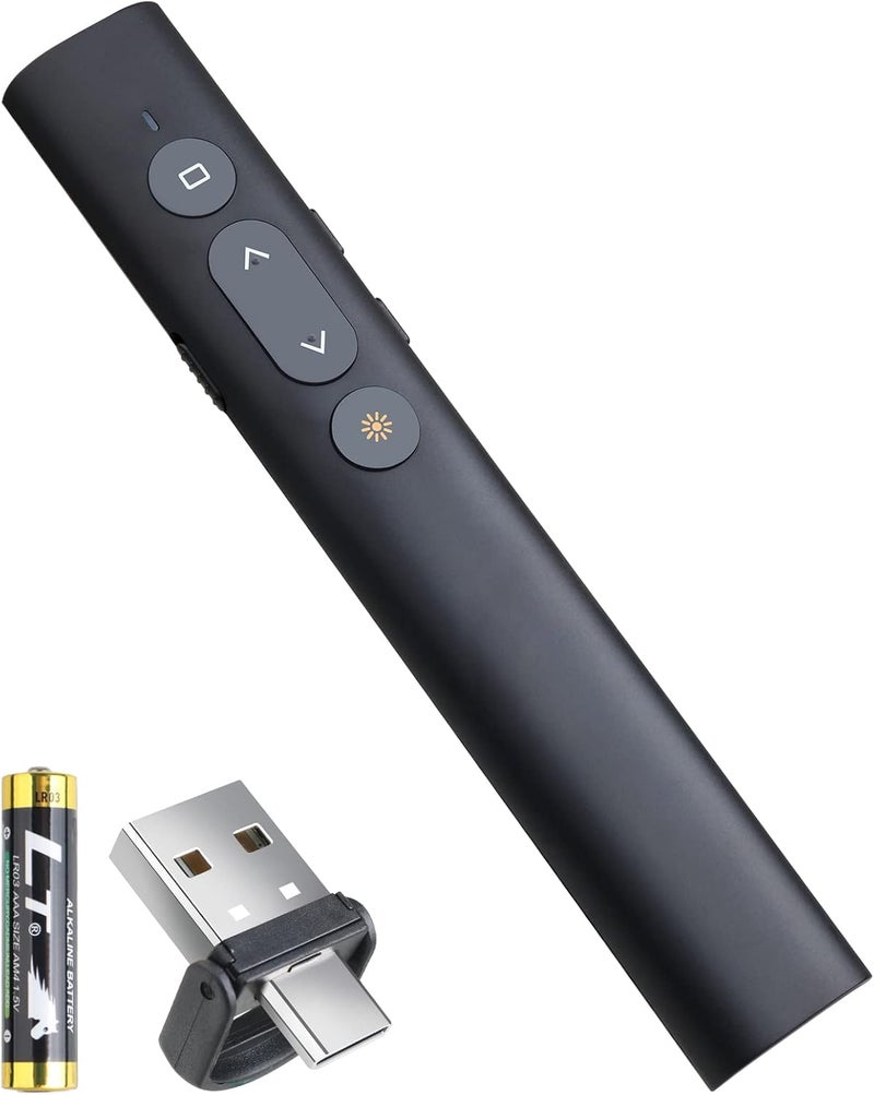 UBUYONE جهاز تحكم في العروض وأجهزة التحكم عن بعد للعروض، مؤشر ثنائي في واحد من نوع C/USB A، جهاز تحكم في PowerPoint عن بعد، USB/Type-C لتقديم الشرائح على الكمبيوتر، تحكم في مستوى الصوت/الروابط التشعبية/تبديل النوافذ (البطارية متضمنة) - Image 1