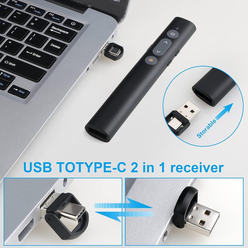 UBUYONE جهاز تحكم في العروض وأجهزة التحكم عن بعد للعروض، مؤشر ثنائي في واحد من نوع C/USB A، جهاز تحكم في PowerPoint عن بعد، USB/Type-C لتقديم الشرائح على الكمبيوتر، تحكم في مستوى الصوت/الروابط التشعبية/تبديل النوافذ (البطارية متضمنة) - Image 2
