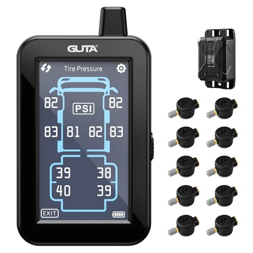 GUTA Tire Pressure Monitoring System Trailer TPMS with Color Touchscreen Display 10 Flow Thru Sensor 6 Alert Modes Signal Booster Tire Pressure Monitor for RV Camper Semi 5th Wheel 0188PSI - Image 1