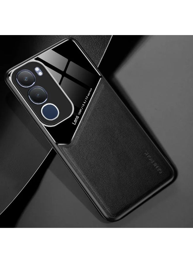 Case Compatible With Vivo Y19s 4G Cover Luxury Leather And Glass With Car Magnetic Holder Phone Cover Soft Frame Silicone (Black)