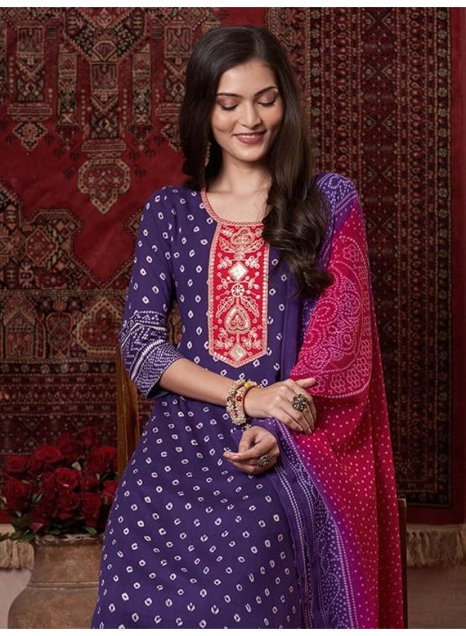 GoSriKi Women's Rayon Viscose Printed Straight Kurta with Pant & Dupatta 2XL - Image 3