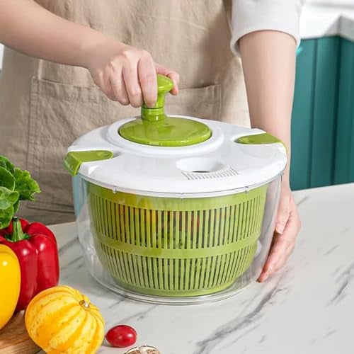KRESHU 5L Fruits Vegetable Salad Spinner Washer Dryer with Bowl for Cleaning and Drying Manual Lettuce Spinner Washing Strainer Basket Quick Dry Design BPA Free Salad Spinner (Green, 1-Pcs) - Image 5
