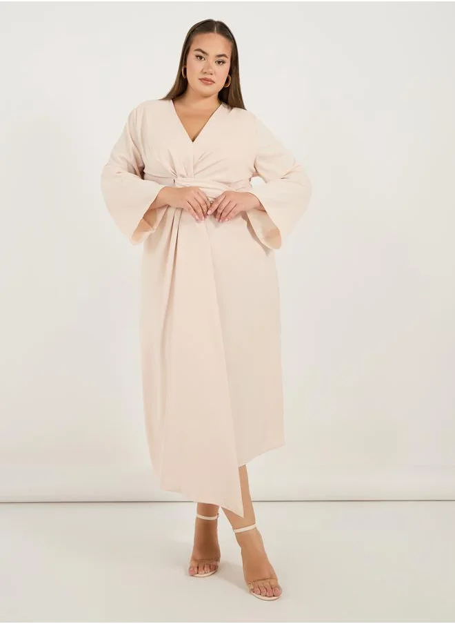 Styli Plus Size Solid Long Sleeves Wrap Front Midi Dress