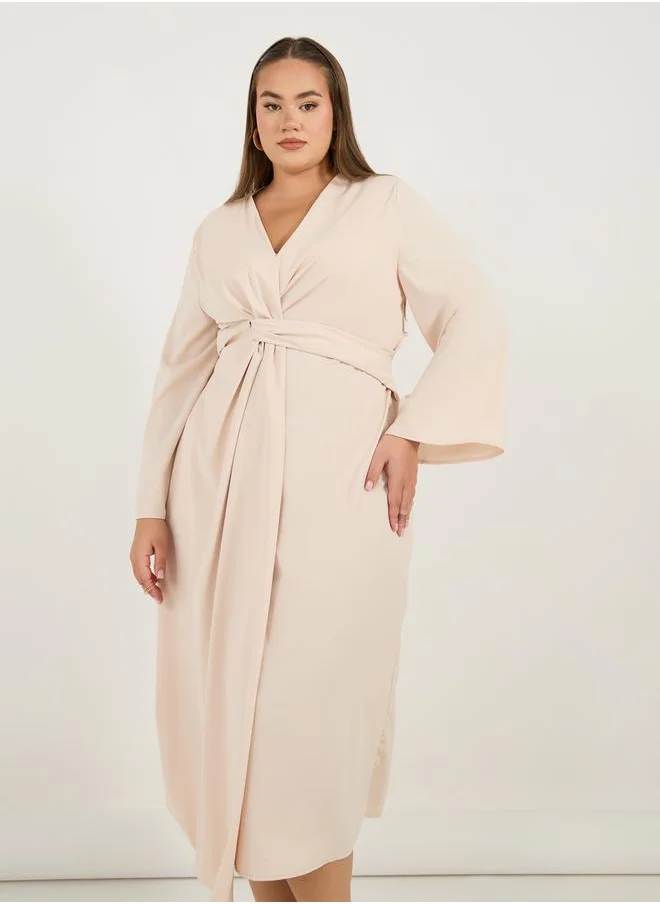 Styli Plus Size Solid Long Sleeves Wrap Front Midi Dress