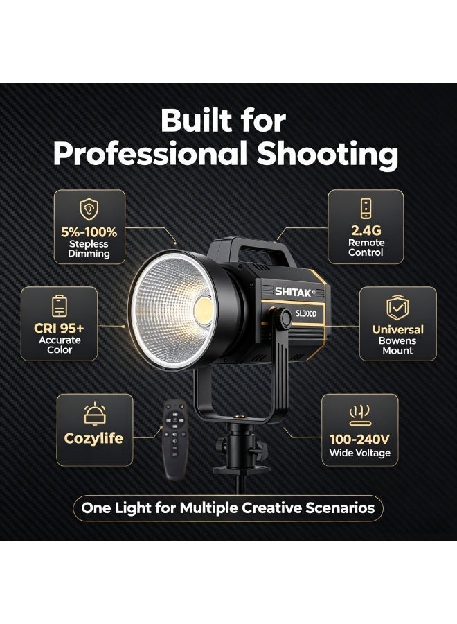 SHiTAK SL300D 200W COB LED Studio Light 5600K Daylight Dimmable Photography Fill Light, High Brightness 32500Lux, Remote Control for Live Streaming Portrait Product Shooting - Image 2