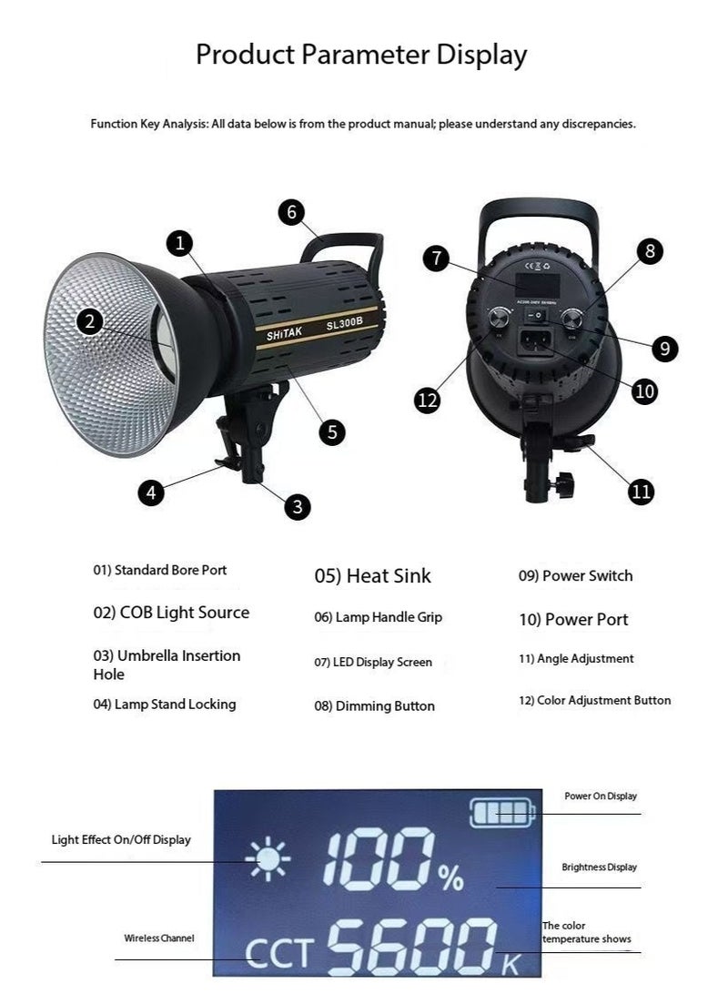 SHiTAK SL300D 200W COB LED Studio Light 5600K Daylight Dimmable Photography Fill Light, High Brightness 32500Lux, Remote Control for Live Streaming Portrait Product Shooting - Image 4