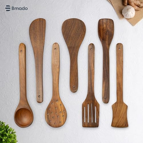 Bmado Premium Wooden Spatulas Set of 7 | Multi-Task Cooking Spoons & Ladles | with 2 Small Spoons [4.5 Inch] for Tea & Ice Cream | Nonstick & Stick Cookware - Image 5