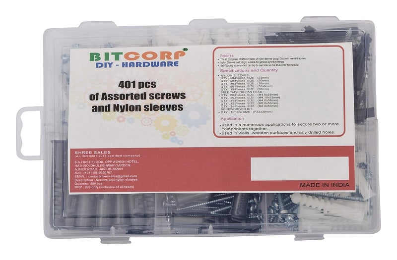 BITCORP DIY Hardware 401ASNS Metal Assorted Screws and Nylon Sleeves Pack of 210 - Image 1