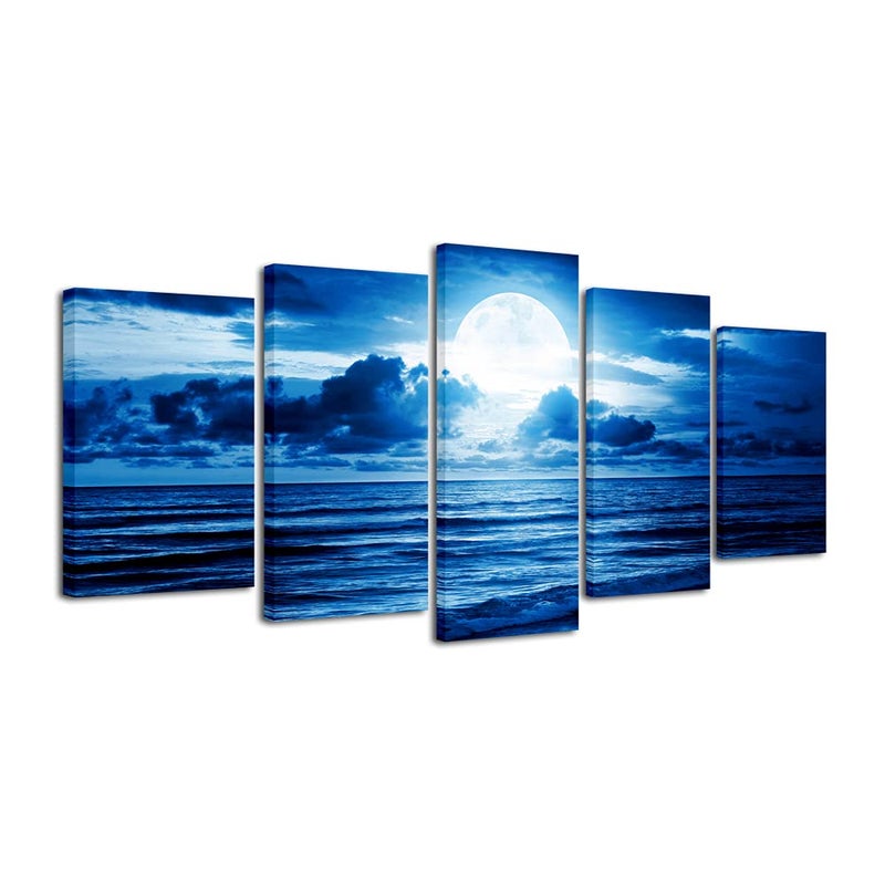 Pyradecor Blue Clouds Canvas Prints Wall Art Moon Sea Beach Pictures Paintings Ready to Hang for Living Room Bedroom Home Decor Modern 5 Piece Stretched Landscape Artwork - Image 1