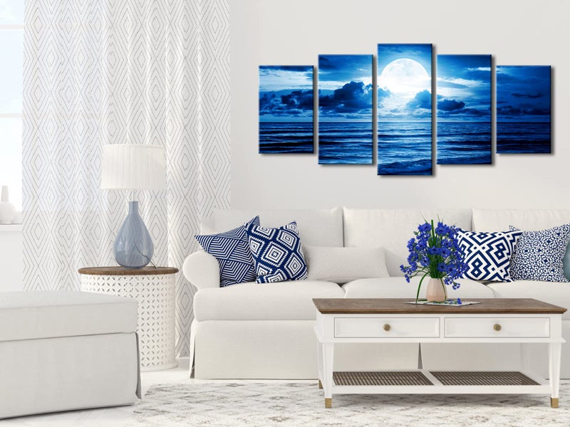 Pyradecor Blue Clouds Canvas Prints Wall Art Moon Sea Beach Pictures Paintings Ready to Hang for Living Room Bedroom Home Decor Modern 5 Piece Stretched Landscape Artwork - Image 5