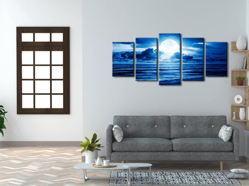 Pyradecor Blue Clouds Canvas Prints Wall Art Moon Sea Beach Pictures Paintings Ready to Hang for Living Room Bedroom Home Decor Modern 5 Piece Stretched Landscape Artwork - Image 3
