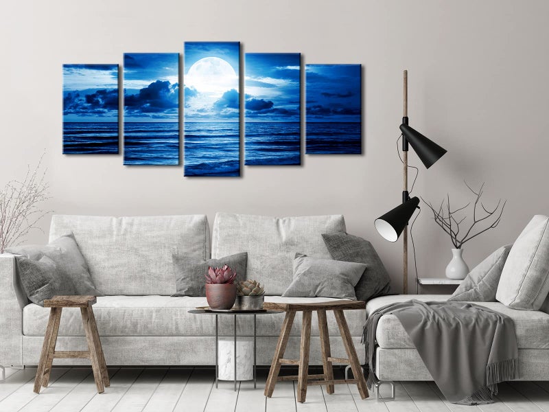 Pyradecor Blue Clouds Canvas Prints Wall Art Moon Sea Beach Pictures Paintings Ready to Hang for Living Room Bedroom Home Decor Modern 5 Piece Stretched Landscape Artwork - Image 4