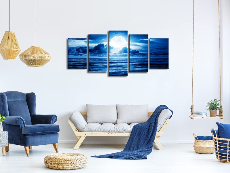 Pyradecor Blue Clouds Canvas Prints Wall Art Moon Sea Beach Pictures Paintings Ready to Hang for Living Room Bedroom Home Decor Modern 5 Piece Stretched Landscape Artwork - Image 2