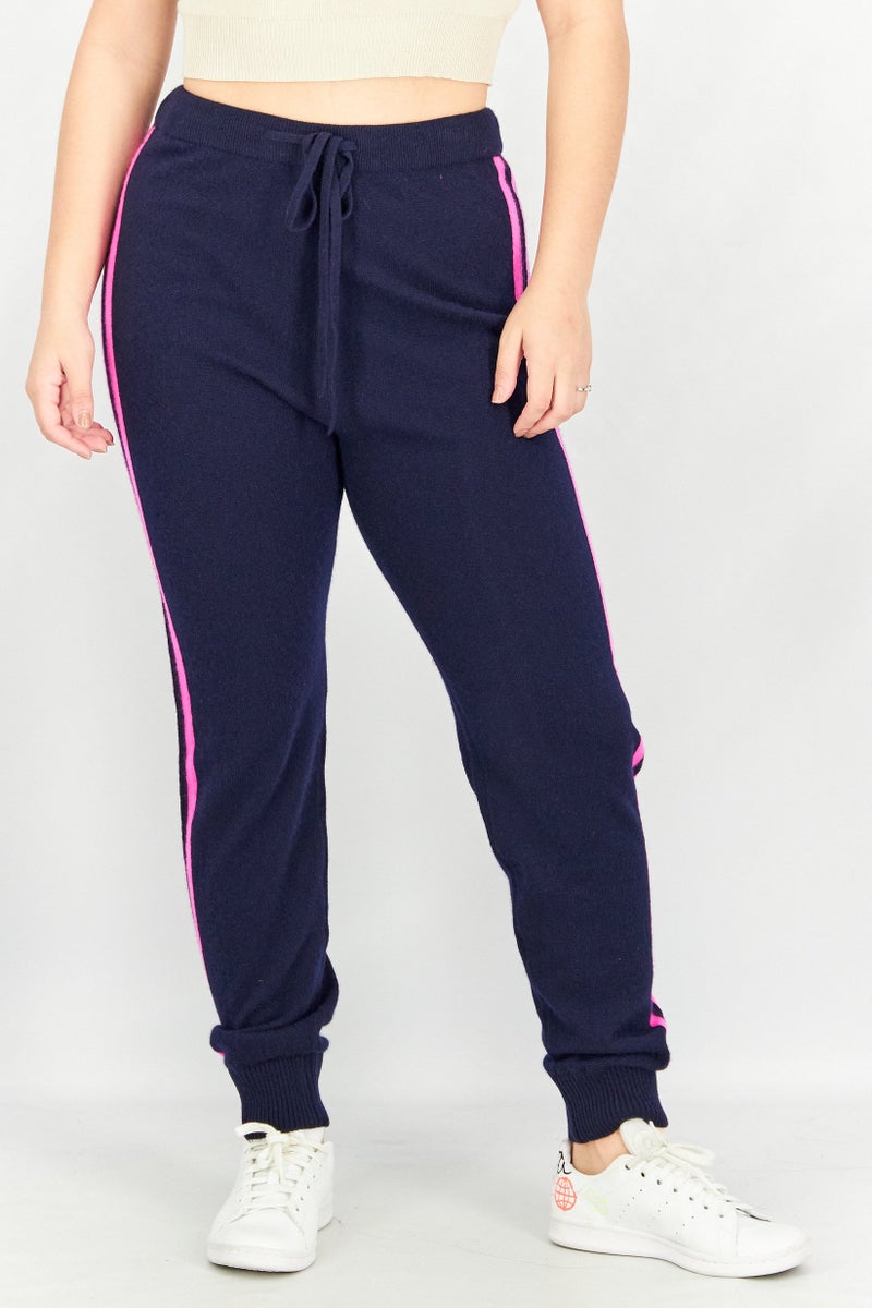 Aqua Women Stretch Knitted Drawstring Pants, Navy And Pink - Image 1