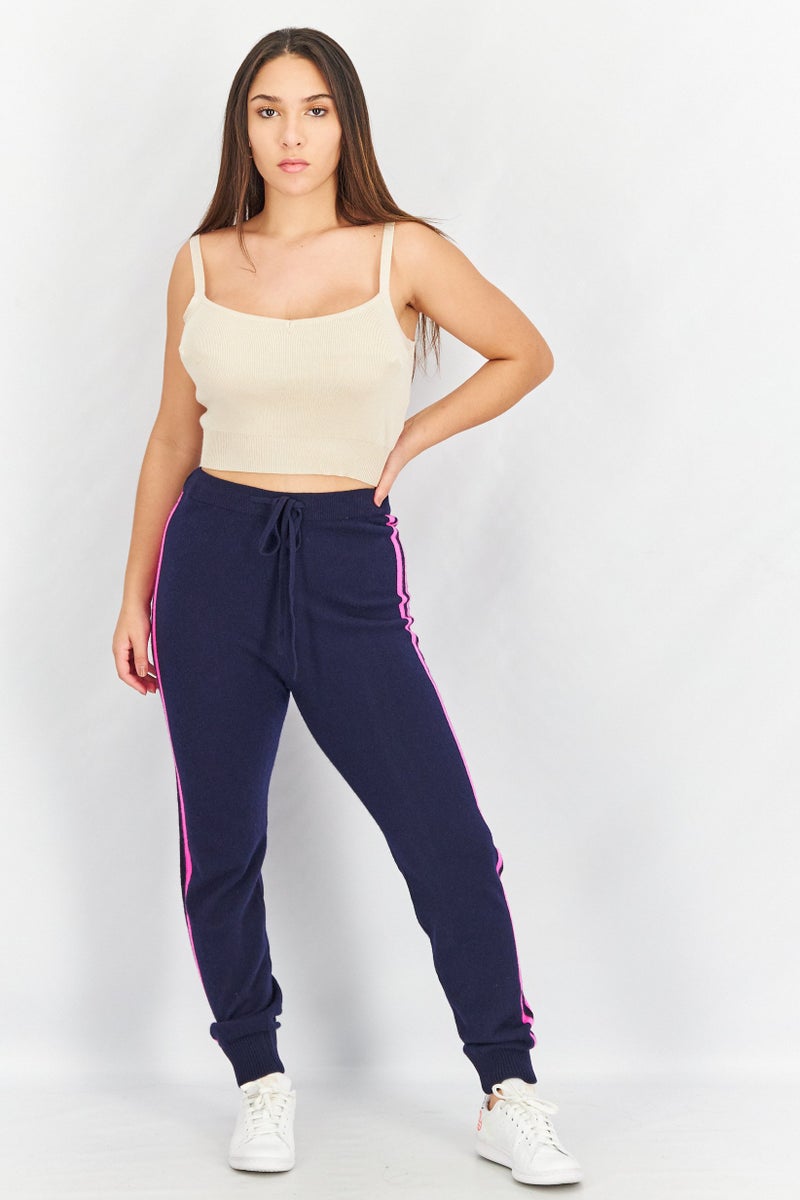 Aqua Women Stretch Knitted Drawstring Pants, Navy And Pink - Image 2