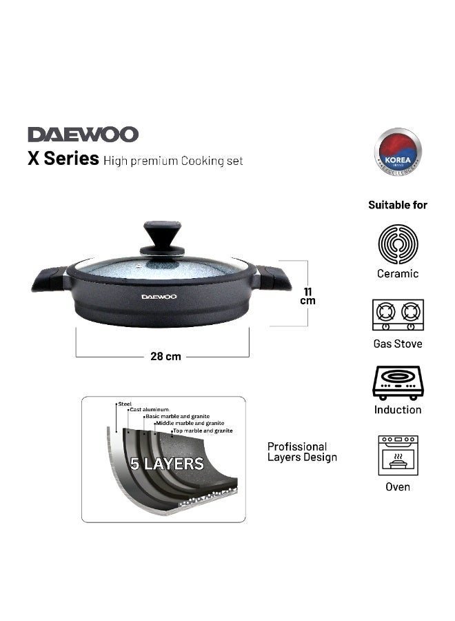 Daewoo 28 cm Die-Cast Aluminum Shallow Casserole with Lid, Non-Stick Granite Coating, Full Induction Base, Stay-Cool Handles, Silicone Utensils & Pot Protectors, Chemical-Free - Image 2