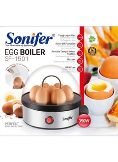 Generic Sonifer SF-1501 350W Electric Egg Boiler for 7 EggsAutomatic shut-off with audible alarm when cooking is complete.Stainless steel lid is easy to use and clean, with removable support.Non-slip base  - Image 1