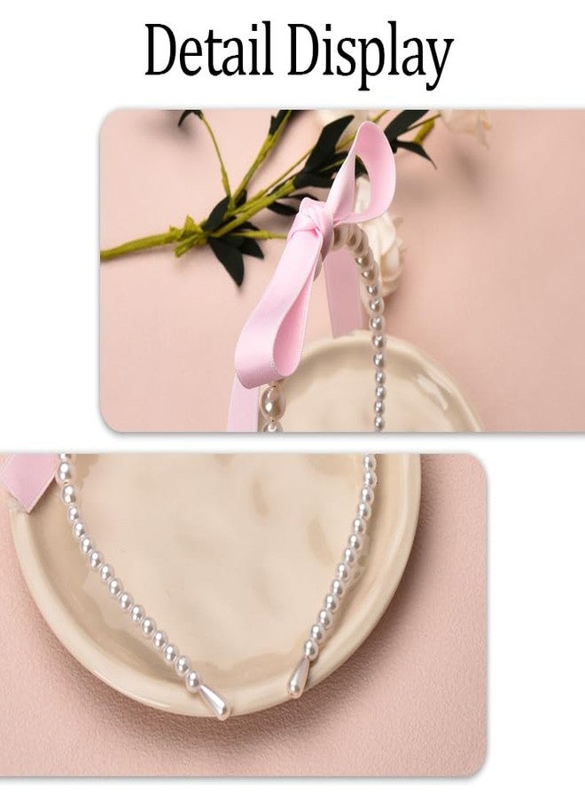 Guqqeuc Pearl Bows Headband Satin Bowknot Hairband Pink Top Bows Headbands for Women Girls Ribbon Bow Hair Hoop Cute Bow Knotted Hair Bands for Long Shor Hair Styling Accessories - Image 5