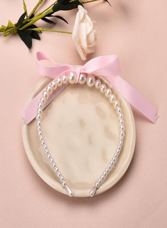 Guqqeuc Pearl Bows Headband Satin Bowknot Hairband Pink Top Bows Headbands for Women Girls Ribbon Bow Hair Hoop Cute Bow Knotted Hair Bands for Long Shor Hair Styling Accessories - Image 3