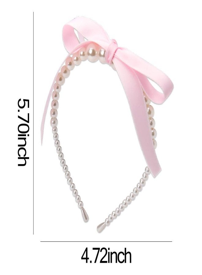 Guqqeuc Pearl Bows Headband Satin Bowknot Hairband Pink Top Bows Headbands for Women Girls Ribbon Bow Hair Hoop Cute Bow Knotted Hair Bands for Long Shor Hair Styling Accessories - Image 2