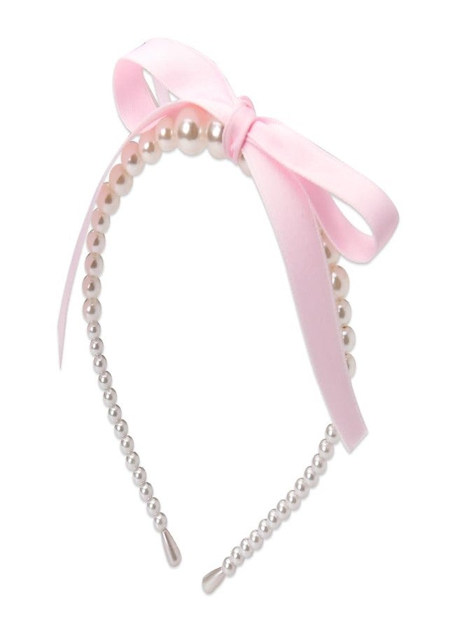 Guqqeuc Pearl Bows Headband Satin Bowknot Hairband Pink Top Bows Headbands for Women Girls Ribbon Bow Hair Hoop Cute Bow Knotted Hair Bands for Long Shor Hair Styling Accessories - Image 1