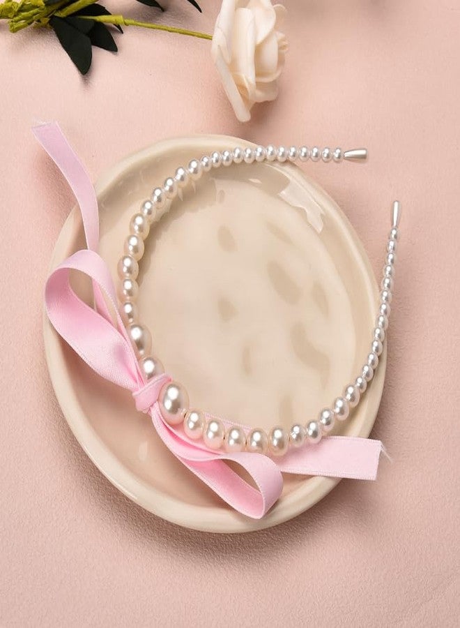 Guqqeuc Pearl Bows Headband Satin Bowknot Hairband Pink Top Bows Headbands for Women Girls Ribbon Bow Hair Hoop Cute Bow Knotted Hair Bands for Long Shor Hair Styling Accessories - Image 4