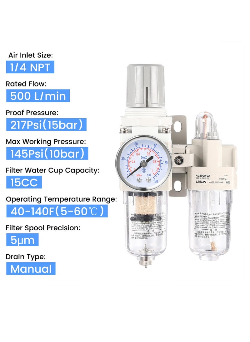Excefore - 1/4 Inch NPT Compressed Air Filter Air Pressure Regulator Water-oil Separator Trap Filter with Lubricator Cup - Image 1