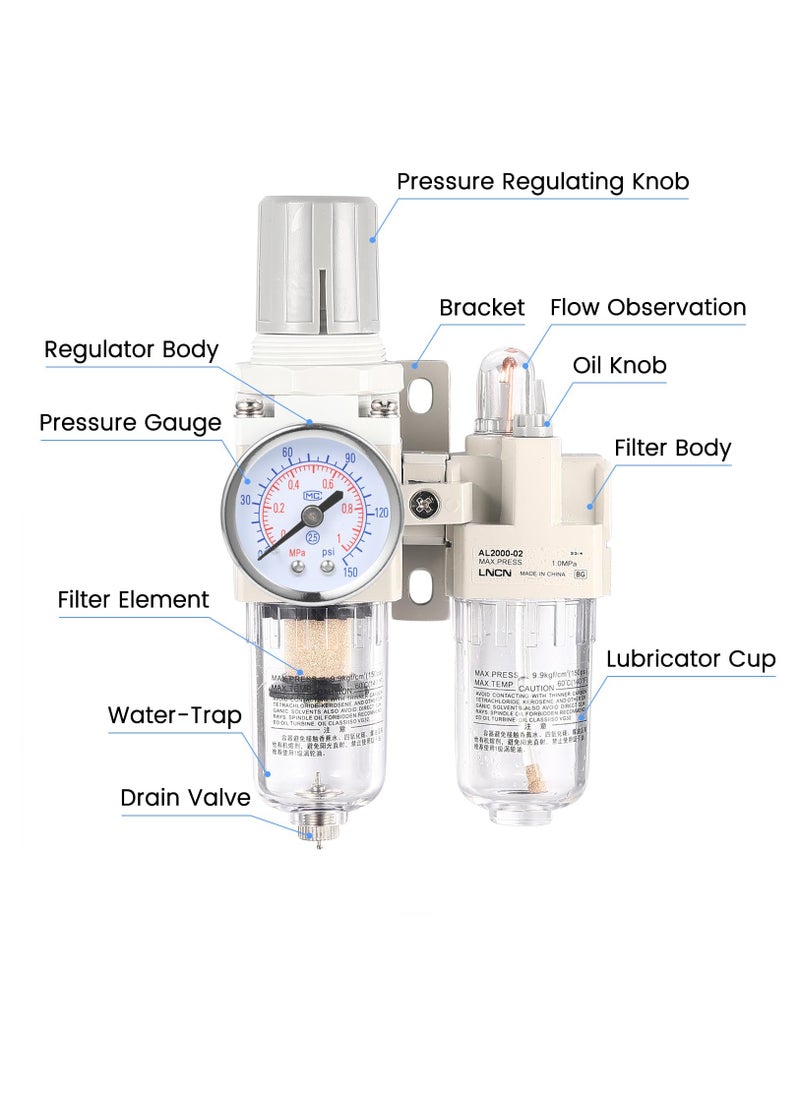 Excefore - 1/4 Inch NPT Compressed Air Filter Air Pressure Regulator Water-oil Separator Trap Filter with Lubricator Cup - Image 1
