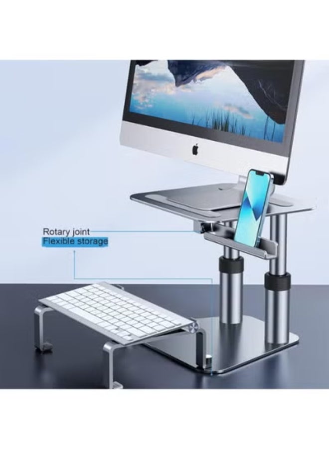 TIGER All-Aluminum Adjustable Monitor Stand – Ergonomic Desktop Display Bracket with Height-Lifting Platform, Keyboard & Phone Holder – Sleek, Space-Saving Design for Home Office, Workstations & Productivity - Image 3