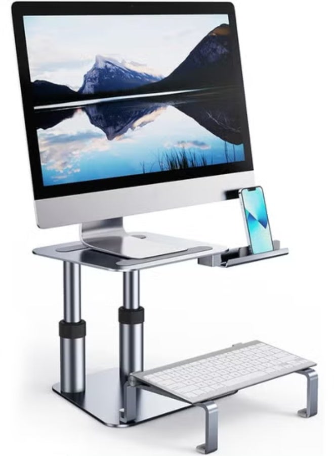 TIGER All-Aluminum Adjustable Monitor Stand – Ergonomic Desktop Display Bracket with Height-Lifting Platform, Keyboard & Phone Holder – Sleek, Space-Saving Design for Home Office, Workstations & Productivity - Image 1