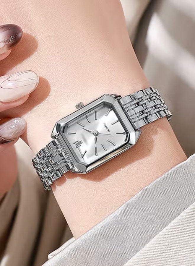 DUNISO ساعة كوارتز، ساعة مربعة للنساء بحزام سبيكة، مناسبة للاستخدام اليومي، الأعمال، والتجمعات، فضي، 22 * 2.8 * 0.8 سم - Image 1