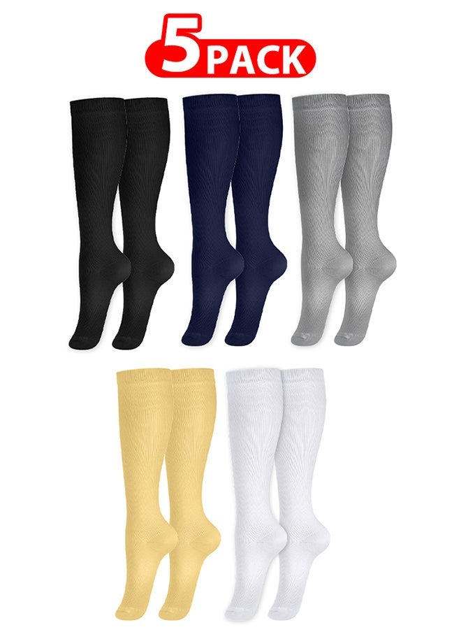 VITION 5 Packs Men and Women's Compression Socks 15-20 mmHg Moderate Pressure Medical Quality Support Best Comfort Fit Moisture Wicking Circulation Travel Black/Blue/Grey/Skin/White XXL - Image 1