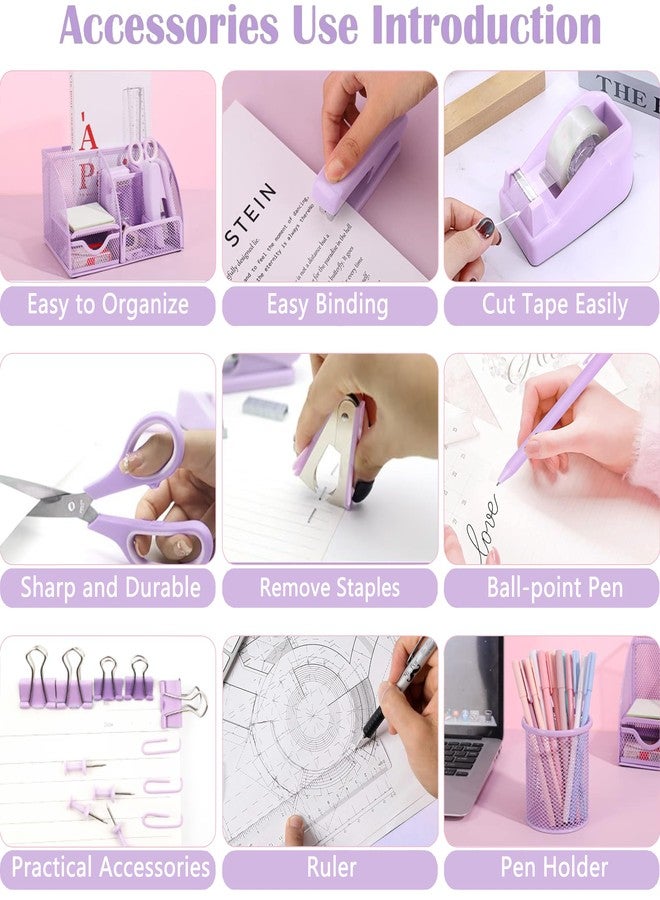 Scindaly Purple Office Desk Accessories Supplies, 12pcs Desk Organizers and Accessories with Tape dispenser and Stapler,Staples,Staple Remover,Pen Holder,Scissor,Ruler,Sticky Tabs,Tape,Ballpoint Pen,Clips Set - Image 5