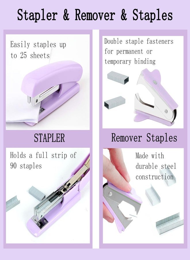 Scindaly Purple Office Desk Accessories Supplies, 12pcs Desk Organizers and Accessories with Tape dispenser and Stapler,Staples,Staple Remover,Pen Holder,Scissor,Ruler,Sticky Tabs,Tape,Ballpoint Pen,Clips Set - Image 3