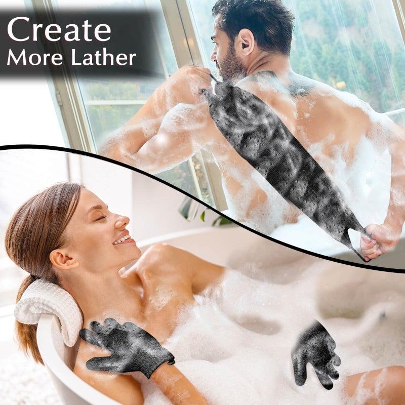 Anezus Exfoliating Back Scrubber Bath Gloves Set, Exfoliating Shower Towel with Shower Gloves for Body Scrub, Back Cleaner Wash Gloves to Remove Dead Skin (Black) - Image 2