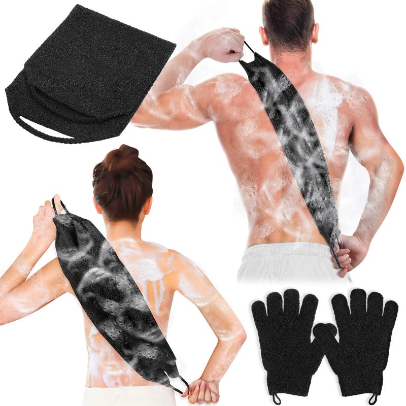 Anezus Exfoliating Back Scrubber Bath Gloves Set, Exfoliating Shower Towel with Shower Gloves for Body Scrub, Back Cleaner Wash Gloves to Remove Dead Skin (Black) - Image 1