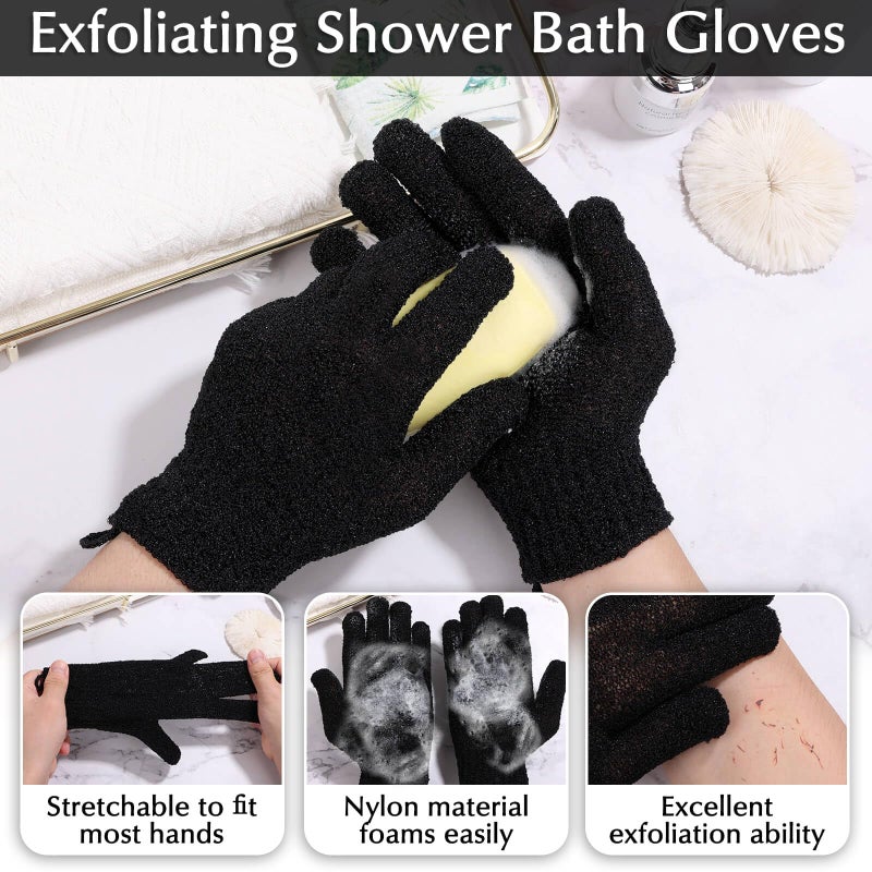 Anezus Exfoliating Back Scrubber Bath Gloves Set, Exfoliating Shower Towel with Shower Gloves for Body Scrub, Back Cleaner Wash Gloves to Remove Dead Skin (Black) - Image 3