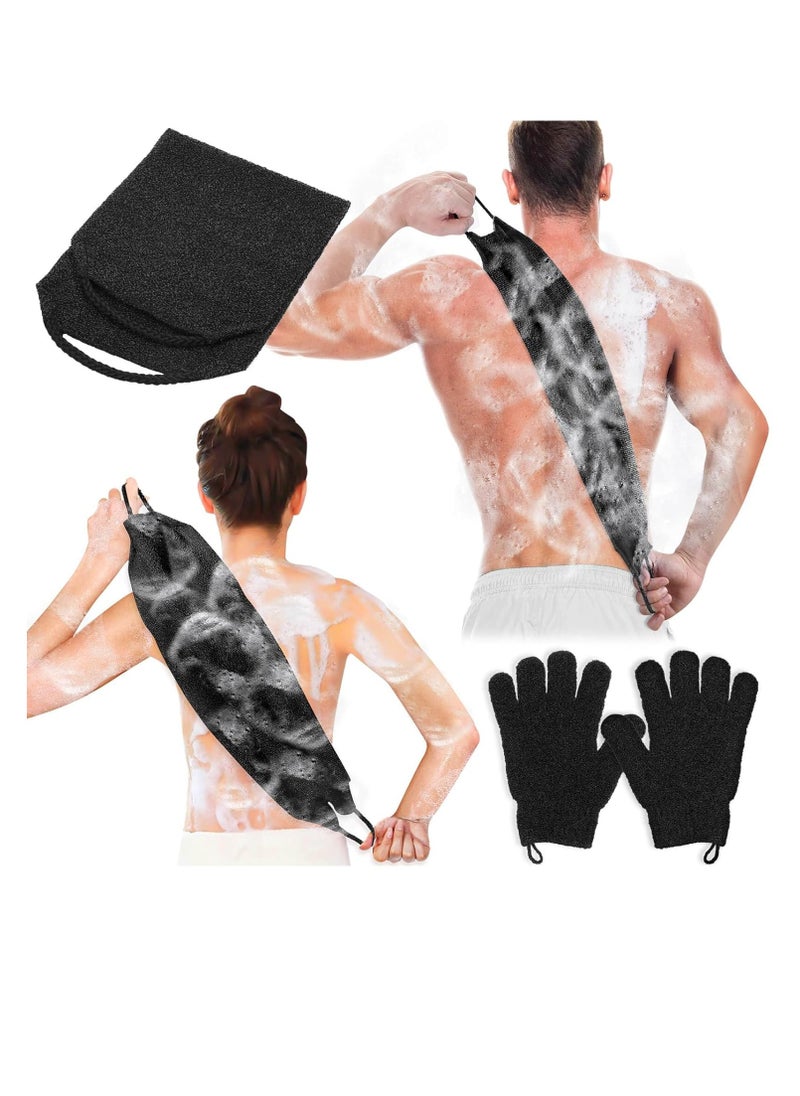 anezus Anezus Exfoliating Back Scrubber Bath Gloves Set, Exfoliating Shower Towel with Shower Gloves for Body Scrub, Back Cleaner Wash Gloves to Remove Dead Skin (Black)  - Image 1