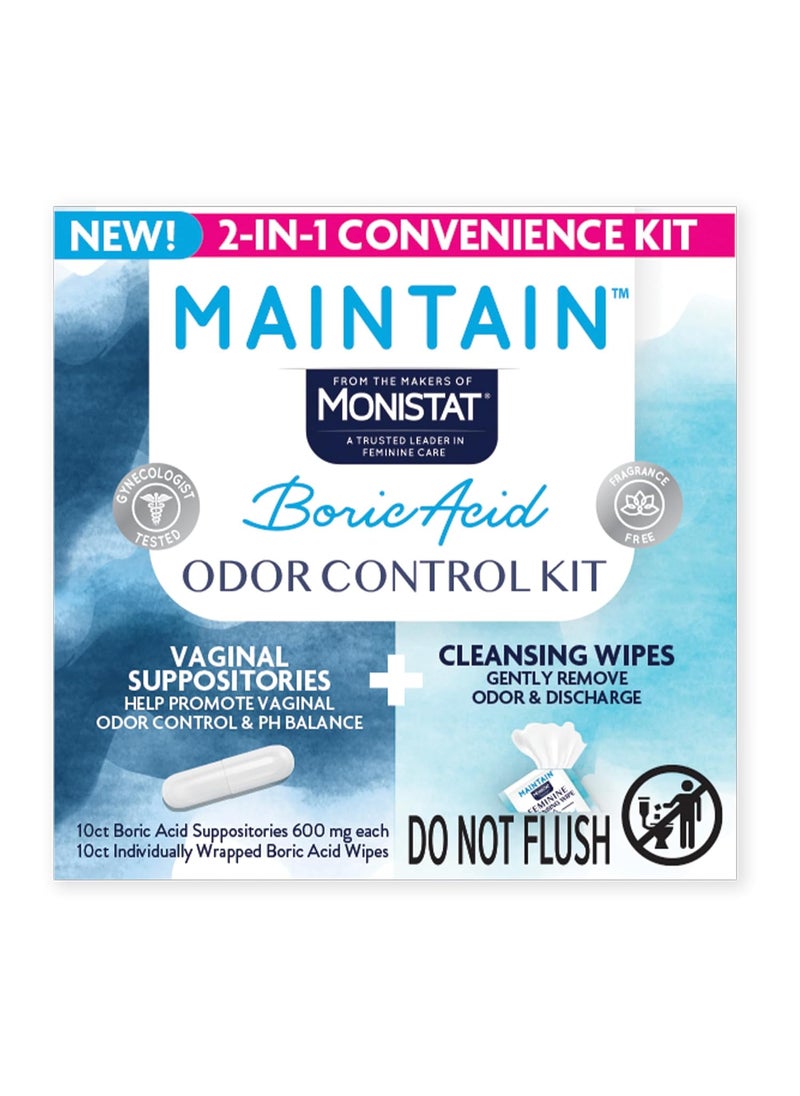 Monistat Monistat Maintain Boric Acid for Vaginal Odor Convenient 2-in-1 Kit, 10 Feminine Wipes and 10 Boric Acid Suppositories for Women 